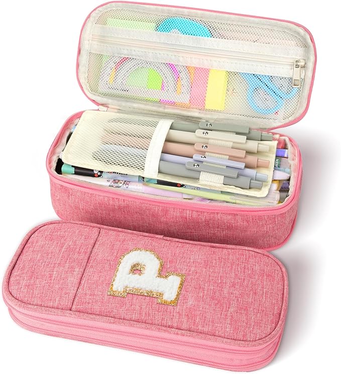 Large Capacity Pink Pencil Case, Cute Pencil Case Pencil Pouch with Zipper For Girls Women, Expandable Preppy Pencil Bag Large Storage High Capacity Bag Organizer for School Home Office Supplies, P
