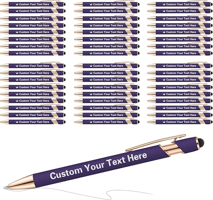 ENOMY 50 Pcs Bulk Personalized Custom Pens with Stylus Ballpoint Pens Customized with Text Logo Name Best Gift for College Business Promotion Wedding Birthday Christmas (Deep Purple)