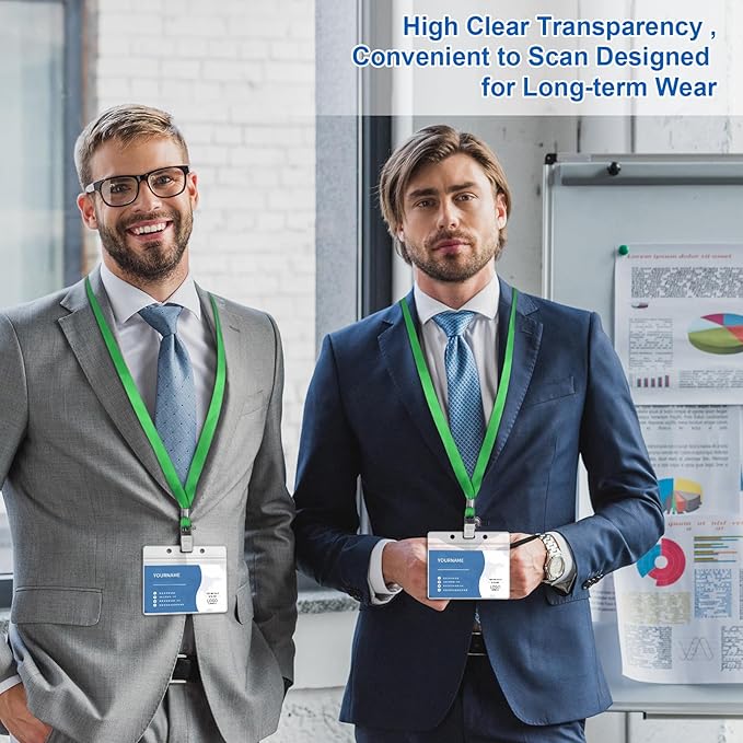 100 Pcs Lanyards for ID Badges and 100 Pcs Clear Name Tag Holders Reusable Lanyard with Clip Plastic ID Card Badge Holder Name Badges for Adults Kids Business School Office Supplies (Green)