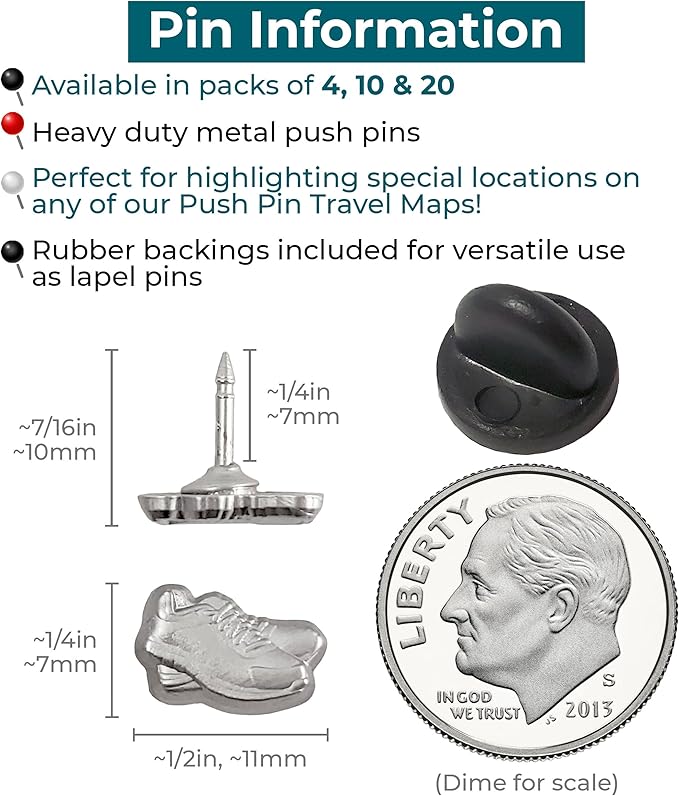 Sneaker Push Pins - Silver Running Shoe Pins - for Cork Board, Maps, or Lapel Pin Use - Designed in USA - Set of 4