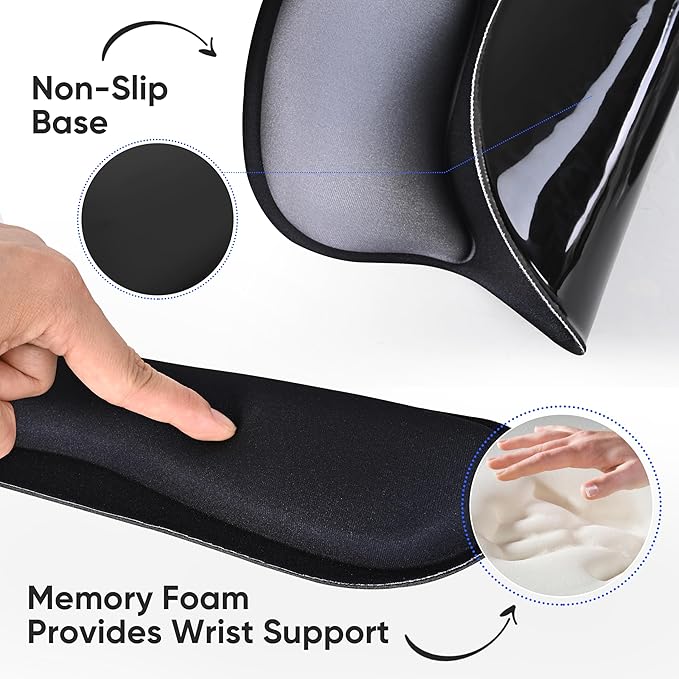Wrist Rest Support for Mouse Pad Keyboard Set Circle Coaster Gaming Mouse Pad Ergonomic Gel Memory Foam Set for Computer, Laptop, Office, Pain Relief, Comfortably Typing Black KM-33