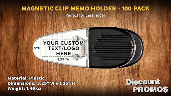 100 Magnetic Memo Holders Set - Customizable Text, Logo - Large Clip, Plastic - Clear