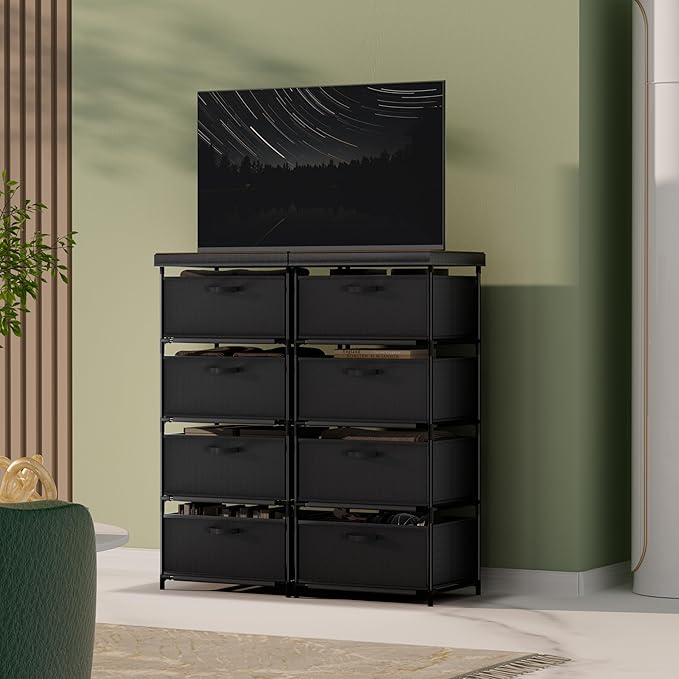 Dresser with 4 Fabric Drawer Stand Desktop Sturdy Metal Plastic Support Tube Cube Storage Cabinet for Bedroom Organization Dorm Front Hall Entryway