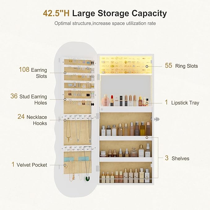 HNEBC LED Mirror Jewelry Cabinet,Wall or Door Mounted Jewelry Armoire Organizer with Lights,Lockable Wide Wavy Mirror with Storage,42.5" L Full Length Mirror with Jewelry Storage,Interior Mirror