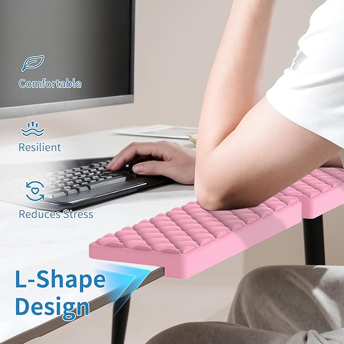 MEKASS L-Shaped Desk Elbow Pad for Desk, Memory Foam Elbow Support Padding with Non-Slip, 2-Piece Ergonomic Desk Edge Cushion, Wrist Comfort Support for Office Home (Pink Diamond Texture)