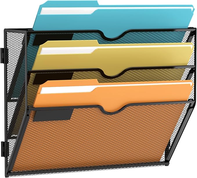 SUPEASY Wall File Organizer Mesh Office Mail Holder, Hanging Wall Organizer Magazine Rack for Office Black (3Tier)