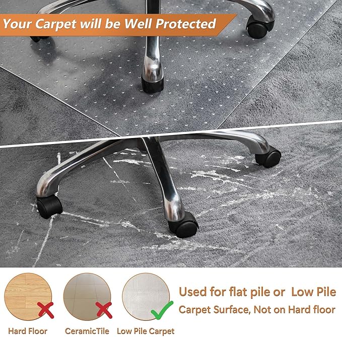 HOMEK Office Chair Mat for Carpet, 45" x 53" Transparent Desk Chair Mat for Low Pile Carpeted Floor, Easy Glide Carpet Floor Protector Mat for Home and Office