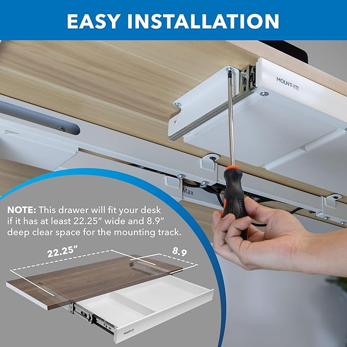 Mount-It! Under Desk Storage Drawer - Shallow Under Desk Drawer Organizer - Standing Workstation Storage Attachment - 20.7" Width Under Table Counter Pull Out Compartment - White