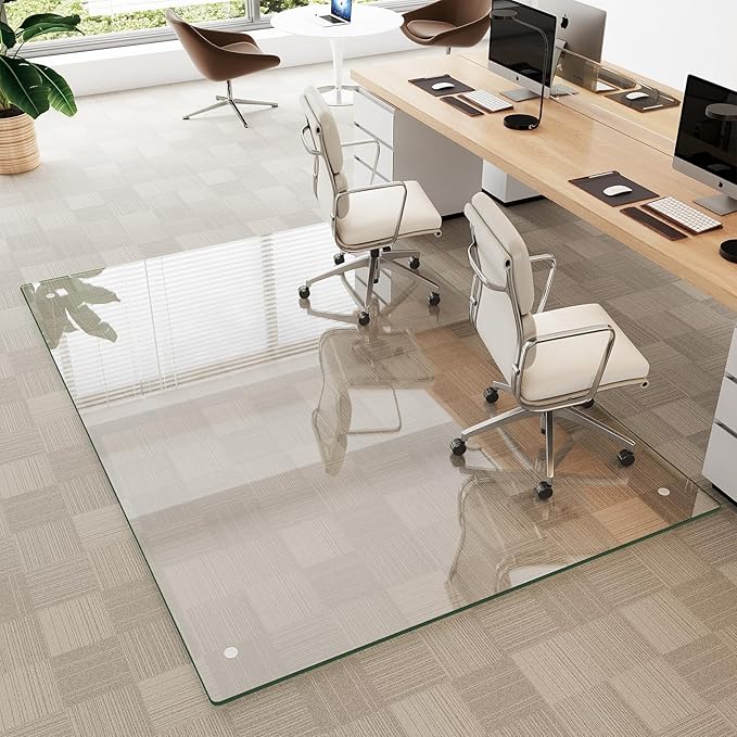 Tempered Glass Chair Mat for Carpet & Hard Floor, 54"x72" Office Chair Mat - Heavy Duty & Scratch Resistant, Non-Slip Pads, Rounded Corners & Polished Edges