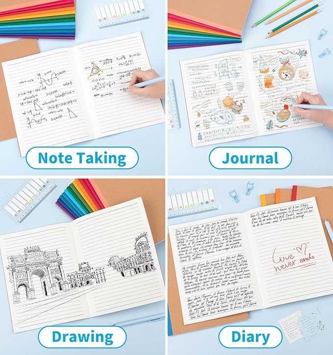 48 Pack Lined Notebook Journals Bulk, 7-1/2" x 9-3/4", Wide Ruled Paper, 30 Sheets/60 Pages, Kraft Cover with Rainbow Spines, 12 Colors Lined Composition Notebook Journal for Work Study Note Taking