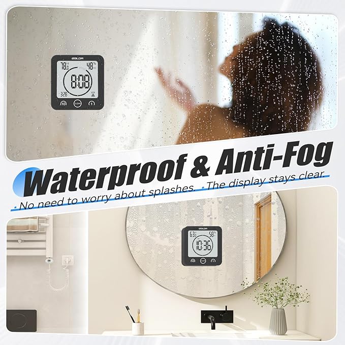 Baldr Shower Clock Waterproof Bathroom Clock with Timer/Temperature/Humidity, Digital Timers for Kids and Adults, Bath Kitchen Study, Black