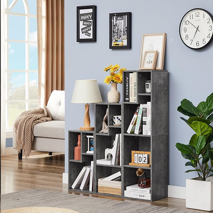 VECELO 3-Cube Open Bookcase, Small Bookshelf with Height Difference Shelves for Most Books, Horizontal Available, 2-Tier Storage Organizer for Home Office, Living Room, Grey
