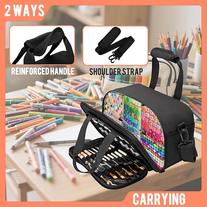 Marker Organizer Case with Shoulder Strap for 180-300 Markers, Large Marker Organizer Bag with Detachable Divider for Adults, Marker Travel Holder Case Bag for Various Markers, Black