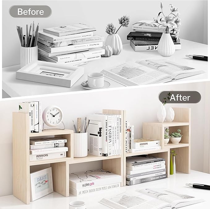 Jerry & Maggie Desktop Organizer Office Storage Rack Adjustable Wood Display Shelf, White, 5 Units, 16"L x 15.8"H x 6.8"W