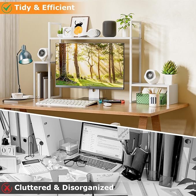 WelFurGeer LED Desk Shelf Organizer with RGB Light Strip, 2-Tier Desktop Shelf for Computer Monitor, Sturdy Metal Frame & Wood Shelves - Desk Hutch Bookshelf for Home Office, Dorm, Gaming (White)