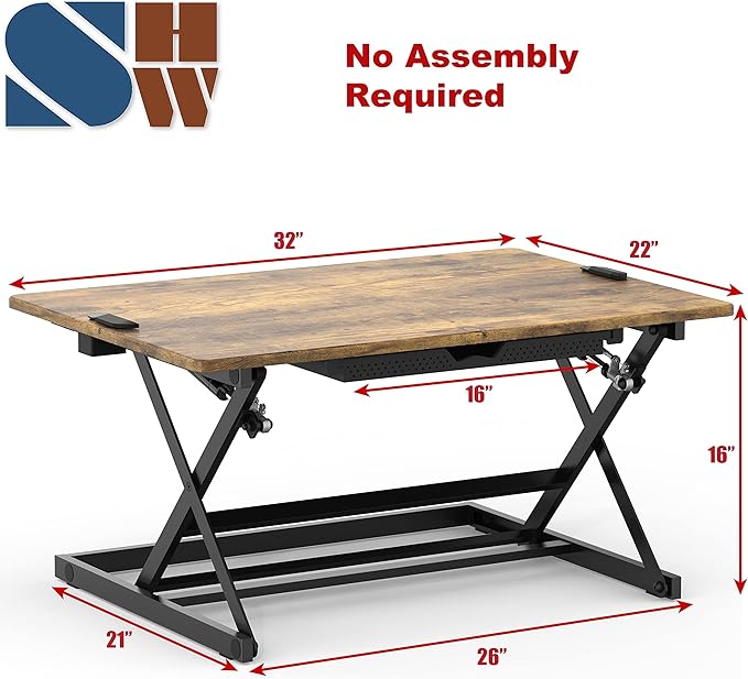 SHW 32" Over Desk Height Adjustable Standing Desk with Drawer, Rustic Brown