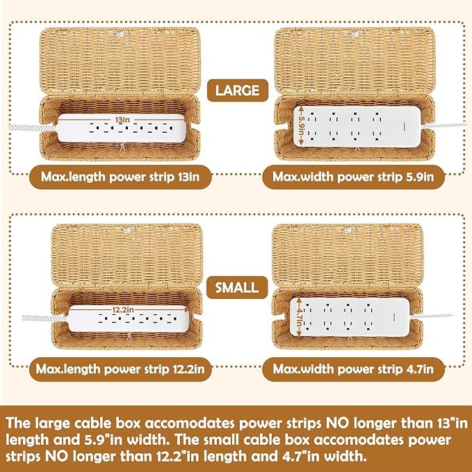 2PCS Cable Management Box, Handmade Rattan Cable Organizer, Open Slots Cords Hider Box Cord Basket Under Desk Cord Organizer for Computer Router USB Hub & Power Strip