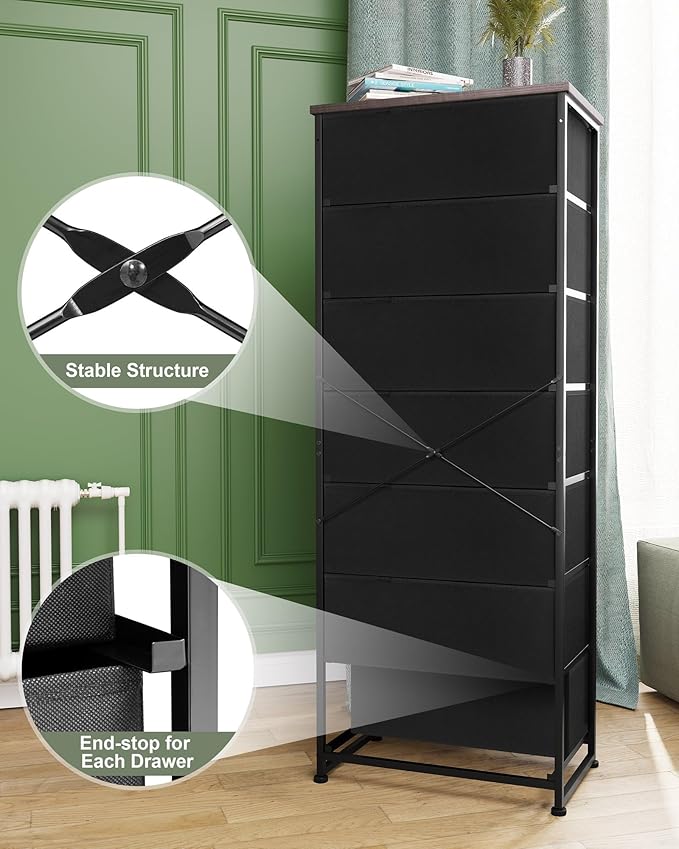 Crestlive Products Tall Dresser, 7-Drawer Fabric Storage Tower, Chests of Drawers - Vertical Organizer Unit for Bedroom, Hallway, Entryway, Nursery, Closets -Wood Top & Handles (Rustic Brown)