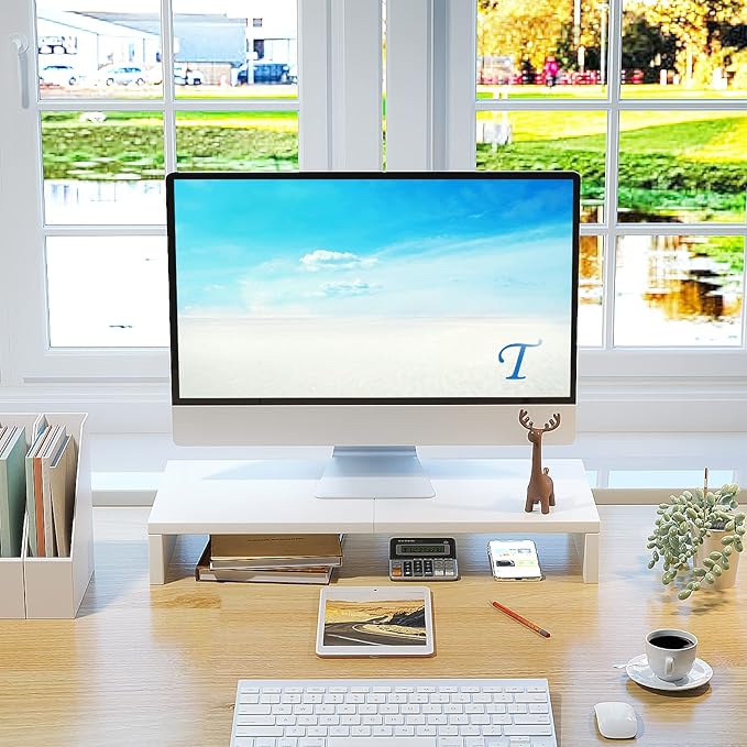 TEAMIX 20 inch White Monitor Stand Riser, Wood Desktop Stand for PC/TV/Laptop/Printer, White Monitor Riser with Storage, Computer Stand with Keyboard Organizer