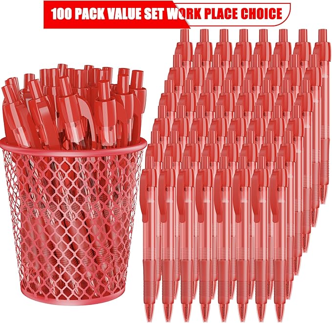 deegtran Pens Bulk, 100 Pack No Bleed Red Ink Click Pens with Soft Grip, Wholesale Retractable Ballpoint Pens for Office School, Medium Point Smooth 1.0MM