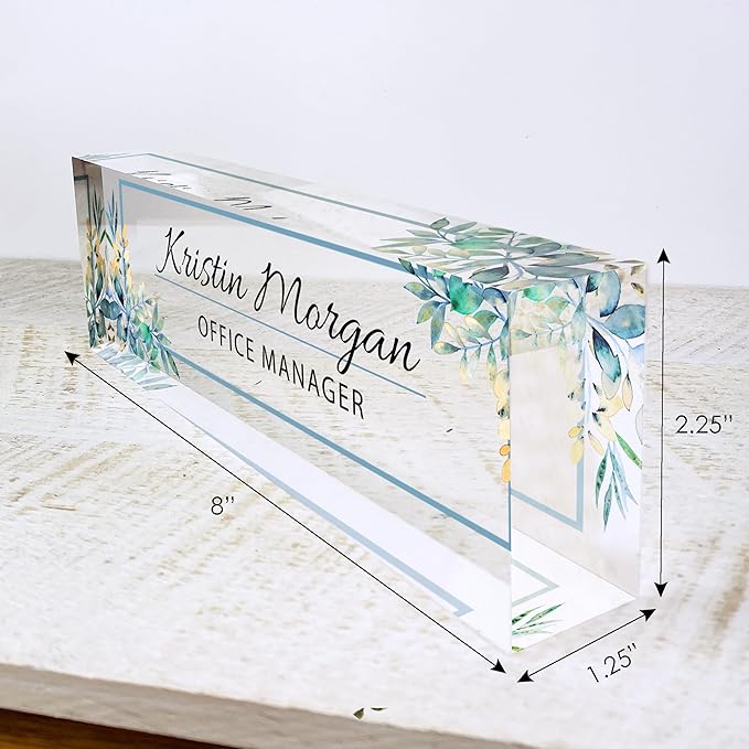 Desk Name Plate for Women, Personalized Plaque, Yellow Floral Name for Desk, Clear Acrylic Name Plate