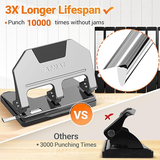 AFMAT 3 Hole Punch, 9/32" Hole Diameter, 40-Sheet 3 Hole Puncher for Binder, 50% Reduced Effort, Metal Heavy Duty Hole Puncher w/ 10,000+ Uses, Bulit-in S.S. Paper Guide, Large Chip Tray, Gray, HPX3