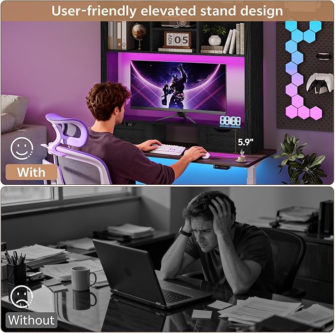 Desktop Bookshelf with Computer Monitor Stand, 37.4''W Desk Shelf Display Rack, Desktop Organizer Storage Rack with 4 Cubbies and 2 Drawers, 5-Tier Desk Hutch for Home, Office, Dorm, Vanity