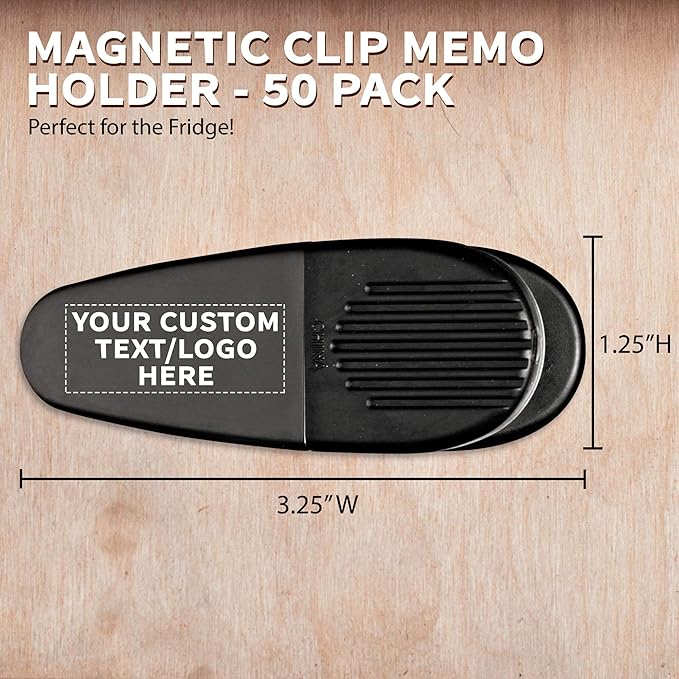 50 Magnetic Memo Holders Set - Customizable Text, Logo - Large Clip, Plastic - Black
