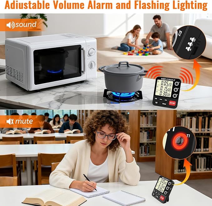 Digital Dual Kitchen Timer, 3 Channels Triple Countdown Timer for Cooking, Magnetic Memory-Preset Large Display Adjustable Volume, Multi Time Management, 3A Battery Included, Black