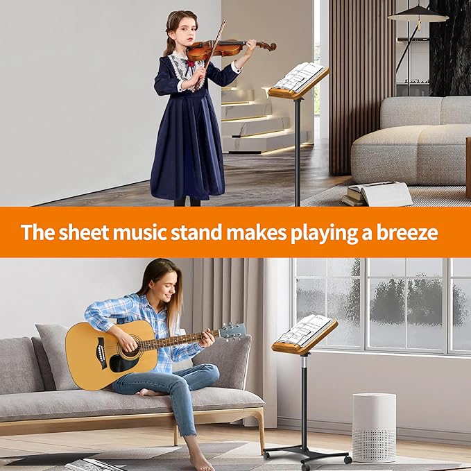 NAMON Rolling Floor Book Stand for Reading, 100% Solid Wood, Height Adjustable from 16.5" to 51", Floor Reading Stand with 4 Lockable Casters & Page Clip for Cookbooks, Textbooks (Without T-Shaped)