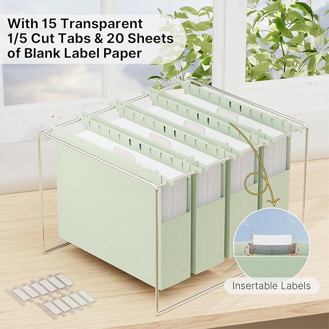 Wheat Straw Plastic Hanging File Folders Letter Size,Heavy Duty 2 Inch Expansion,12 Pack Extra Capacity Hang Folders for Filing Cabinet,File Organizer with Insertable Tabs(Morandi Green)