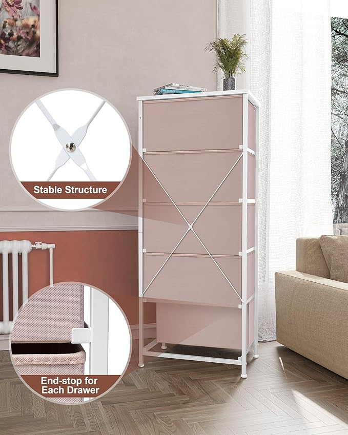 Crestlive Products Tall Dresser for Girls Bedroom, Chest of 5 Drawers, Fabric Storage Tower, Clothing Organizer for Bedroom, Hallway, Entryway, Closets, Nursery(Pink)