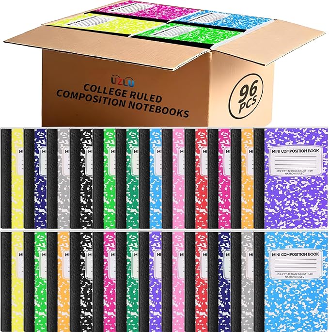 UZLU 96 Pack Mini Composition Notebooks Bulk College Ruled Half Composition Notebook Narrow Ruled Small Pocket Marble Journal 12 Color-4.5" x 3.25"-60 Sheets for Students Office School Supplies