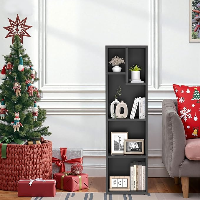 VECELO 4-Tier Bookcase, Modern Storage Cabinet with Height Difference Shelves for Standard Textbooks, 5 Cubes, Vertical or Horizontal, Easy Assembly,Vintage Black