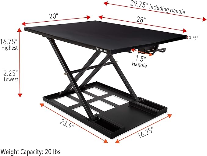 Stand Steady X-Elite Pro, Ergonomic Adjustable Height Standing Desk Converter for Home or Office, Easy Lift Sit to Stand Laptop Desk Riser for Laptop and Computer Monitor (Black, 28in x 20in)
