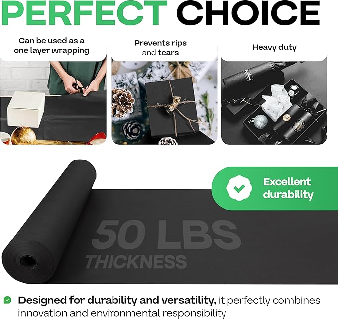 Black Kraft Paper Roll 36" x 2160" (180 feet) with Cutter - USA-Made Quality Paper 50lb Thickness for Wrapping, Packing, Moving, Shipping, & Crafts/Arts - Natural Kraft Material by IDL Packaging