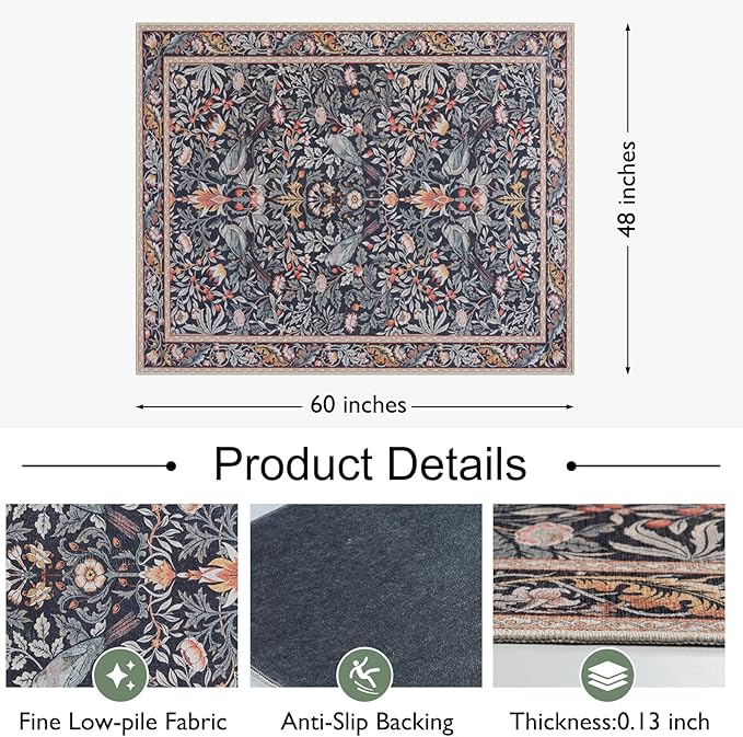 Anidaroel 48"x60" Office Chair Mat for Hardwood Floor/Tile, Vintage Desk Chair Mat for Hardwood, Anti-Slip Floral Bird Rug for Office, Low Plie Floor Protector for Rolling Chairs, Taupe