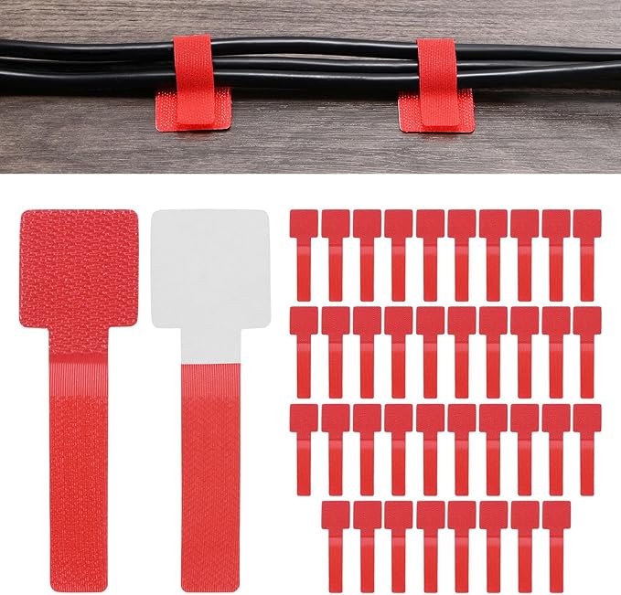 40-Pack Hook and Loop Cable Ties, 3.5 x 1.1 Inch Adjustable Self-Adhesive Cord Organizer for Desk/Home/Wall/Office Essentials, Cable Management Under Desk [Red]