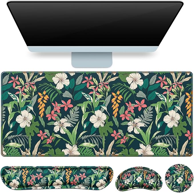 Desk Mat Floral, Large Gaming Mouse Pad with Wrist Rest, 4in1 XXL Mousepad+Keyboard Wrist Rest+Mouse Pad Wrist Support+Cup Coaster Set Ergonomic Computer Desk Arm Wrist for Decor Home Office Women