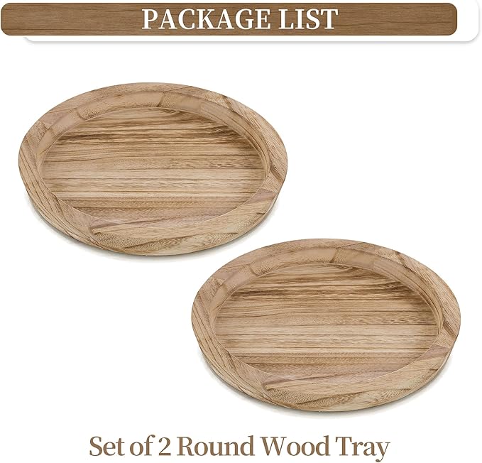 Hanobe Rustic Wooden Serving Tray: Round Wood Decorative Tray Set of 2 Rustic Centerpiece Candle Holder Trays Farmhouse Ottoman Tray for Decor Kitchen Counter Home Decor for Coffee Table