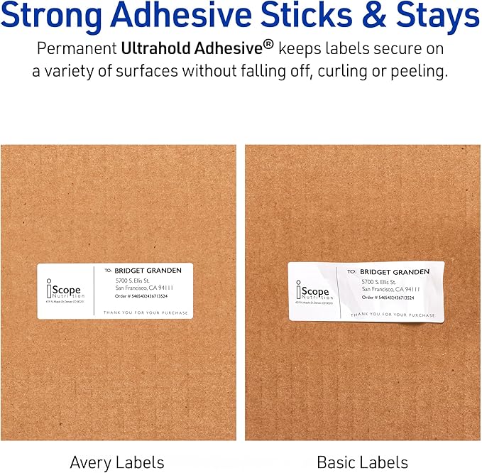 Avery Waterproof Sticker Labels for Printer - 1" x 2-5/8" Mailing Labels, Ultrahold Permanent Adhesive, Laser Printers, 1,500 Printable Avery Address Label Sheets (5520)