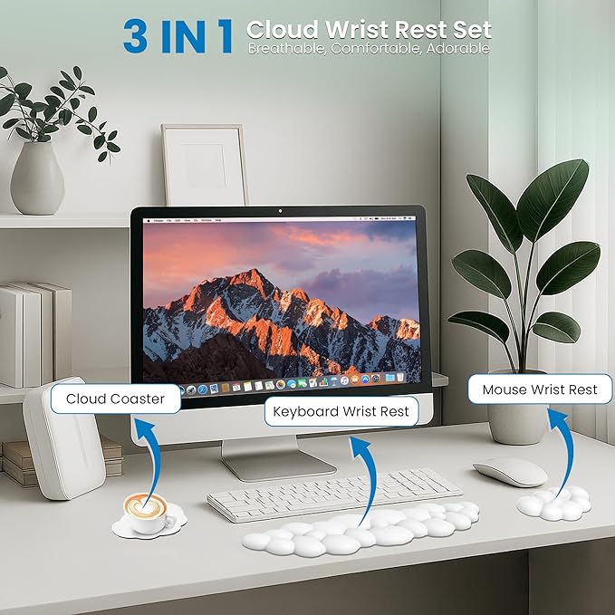 Cloud Keyboard Wrist Rest – Ergonomic Memory Foam Wrist Pad for Computer Keyboard, Comfortable Cloud Mouse Pad, Keyboard Wrist Rest and Cloud Coaster with Non-Slip Base