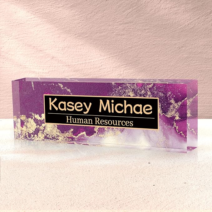 SalaGraphics Desk Name Plate Personalized, Custom for Desk, Office Decor Men, Acrylic Accessories, Gifts Coworkers Boss Teacher, Employee Appreciation (Purple/Gold), 8''(L)x2.5(W)