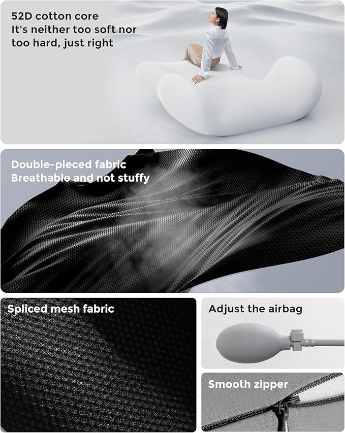BEBAS Adjustable Air Lumbar Support Pillow for Office Chair, Car & Gaming Chair - Memory Foam Lower Back Cushion - Customizable Air Support for Back Pain Relief & Posture Correction