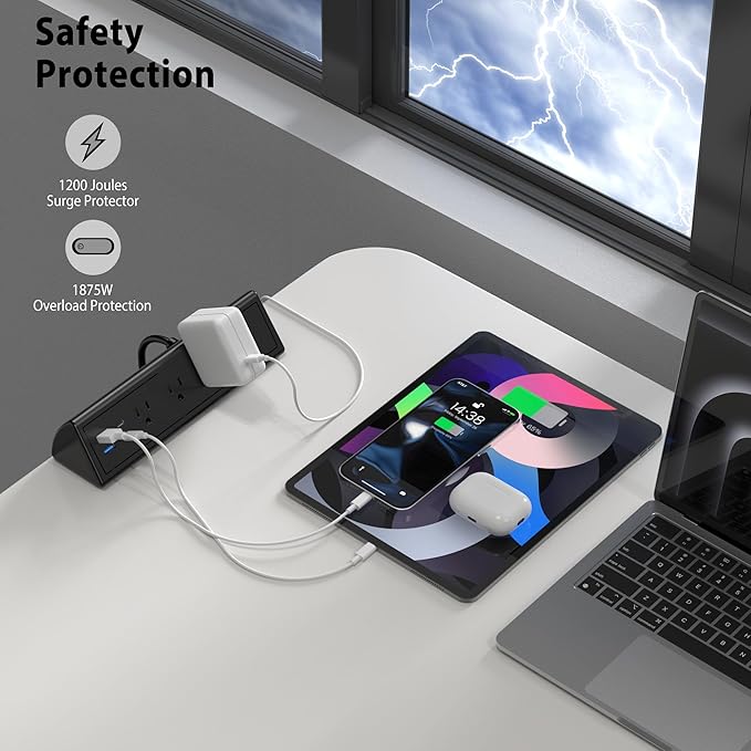 Jgstkcity Desk Clamp Power Strip,20W Fast Charging Station,Surge Protector Nightstand Edge Mount,1875W Extension Cord with Multiple Outlets,2 USB-C,2 USB-A,for Home Office (Black, 2PCS-6 FT)