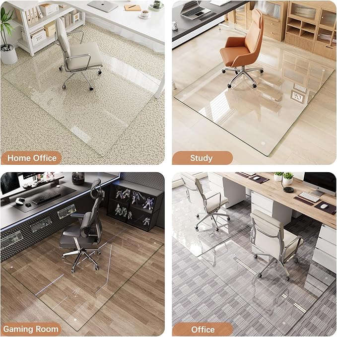 Tempered Glass Chair Mat for Carpet & Hard Floor, 46"x55" Office Chair Mat - Heavy Duty & Scratch Resistant, Non-Slip Pads, Rounded Corners & Polished Edges