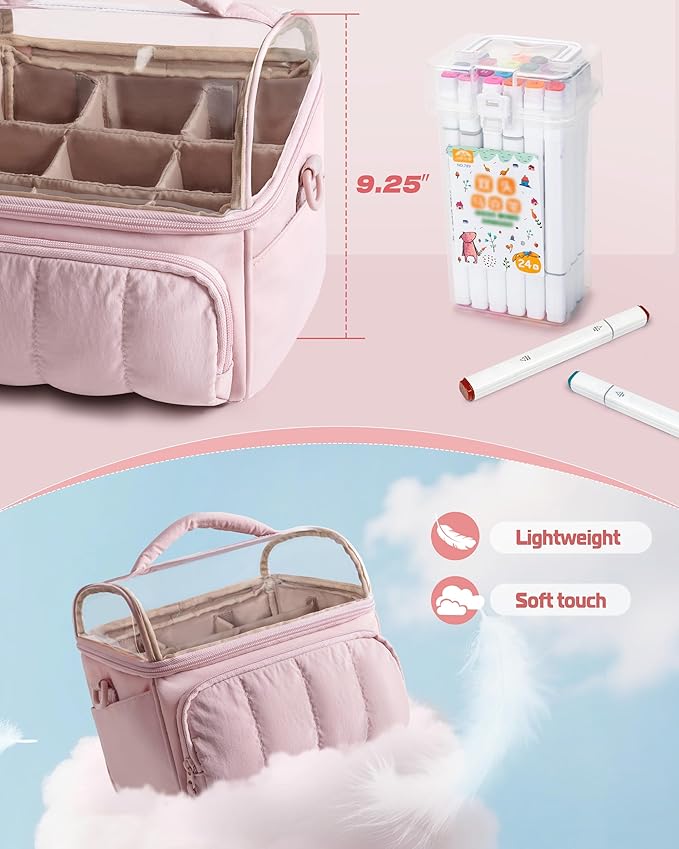 Quilted Marker Organizer Case Holds 180 Markers, Marker Storage Organizer Bag with Dividers and Multiple Pockets (Bag Only), Pink