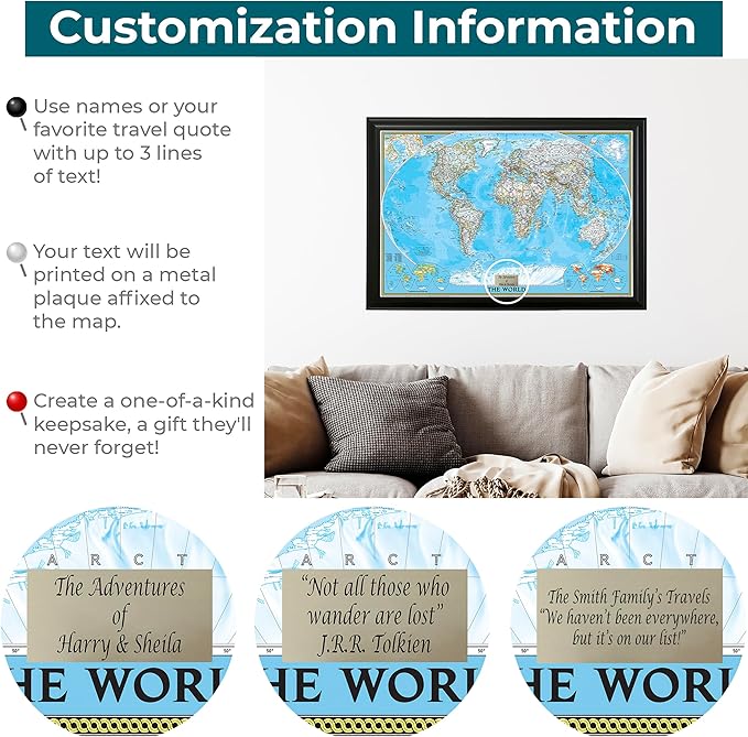 Personalized Classic World Push Pin Travel, Barnwood Gray with 100 Pins - 27.5 inches x 3 9.5 inches - Made in USA