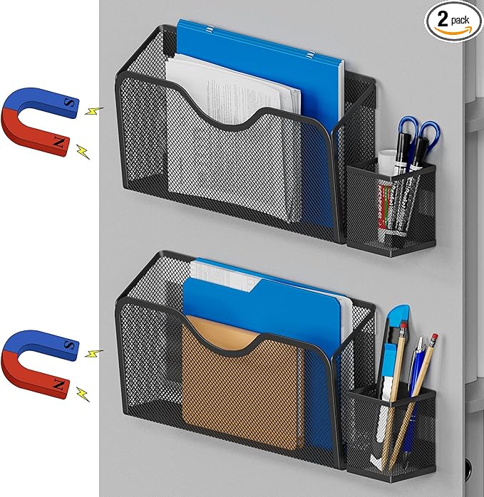 JANE EYRE Magnetic File Holder - 2pcs Hanging File Organizer Magazine Document Paper Holders with 2pcs Pen Holders for Classroom Cabinets Office,No Drilling(BLACK)