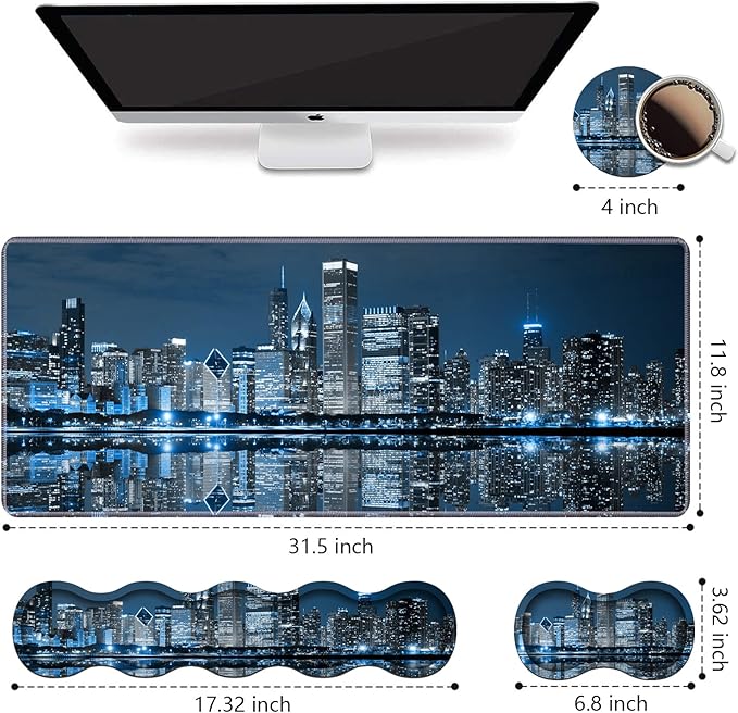 Ergonomic Keyboard Wrist Rest & Mouse Pad Wrist Rest Set, Large XXL Gaming Desk Mat 31.5"x 11.8", Non-Slip Base, Memory Foam, Easy Typing Pain Relief for Office & Home, Chicago Skyline Night View